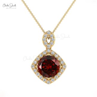 Genuine Garnet & White Diamond Pendant 1.65Ct Round Cut Halo Pendant In 14k Solid Gold Jewelry