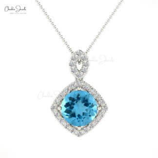 Halo Gemstone Pendant In Solid 14k Gold Swiss Blue Topaz Diamond Dangle Pendant For Her