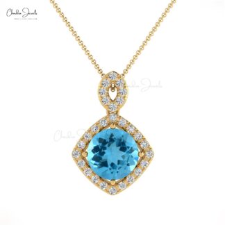 Halo Gemstone Pendant In Solid 14k Gold Swiss Blue Topaz Diamond Dangle Pendant For Her