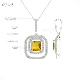 Genuine Citrine With Diamond Double Halo Pendant In 14k Gold