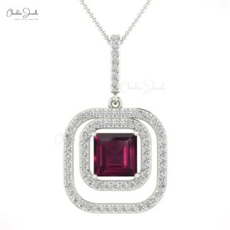 Natural Rhodolite Garnet Dual Halo Pendant In 14k Pure Gold Diamond Hallmarked Jewelry