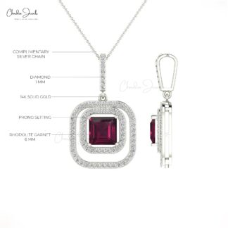 Natural Rhodolite Garnet Dual Halo Pendant In 14k Pure Gold Diamond Hallmarked Jewelry