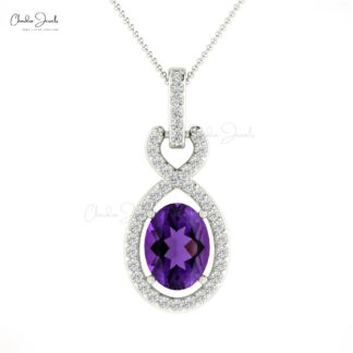 Infinity Wedding Pendant In 14k Solid Gold Amethyst 7x5mm Gemstone Diamond Halo Pendants