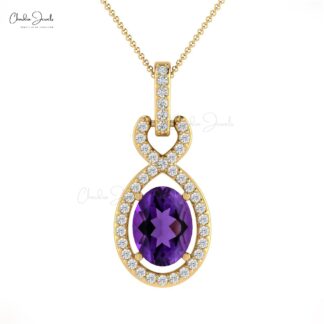 Infinity Wedding Pendant In 14k Solid Gold Amethyst 7x5mm Gemstone Diamond Halo Pendants