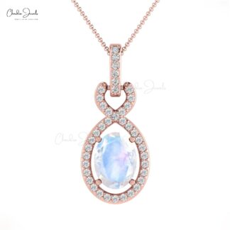 Oval Moonstone Infinity Pendant In 14k Solid Gold Pave Diamond Halo Bail Women Necklace