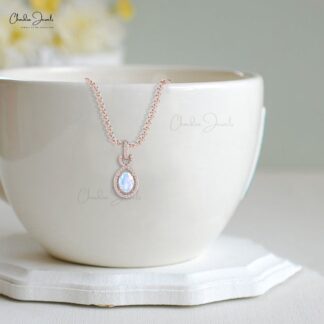Oval Moonstone Infinity Pendant In 14k Solid Gold Pave Diamond Halo Bail Women Necklace