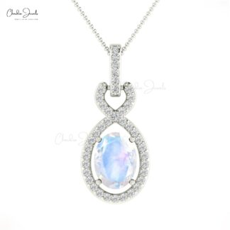 Oval Moonstone Infinity Pendant In 14k Solid Gold Pave Diamond Halo Bail Women Necklace