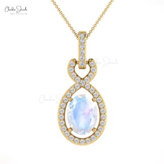 Oval Moonstone Infinity Pendant In 14k Solid Gold Pave Diamond Halo Bail Women Necklace