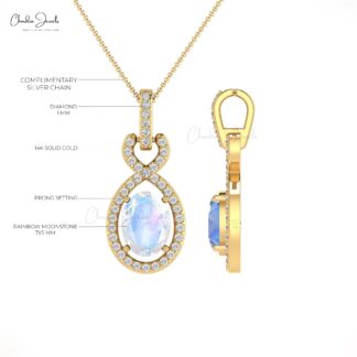 Oval Moonstone Infinity Pendant In 14k Solid Gold Pave Diamond Halo Bail Women Necklace