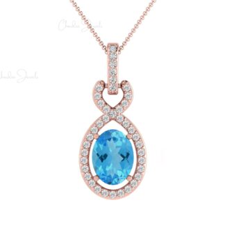 Halo Wedding Pendant With Bail In 14k Solid Gold Swiss Blue Topaz Diamond Necklace