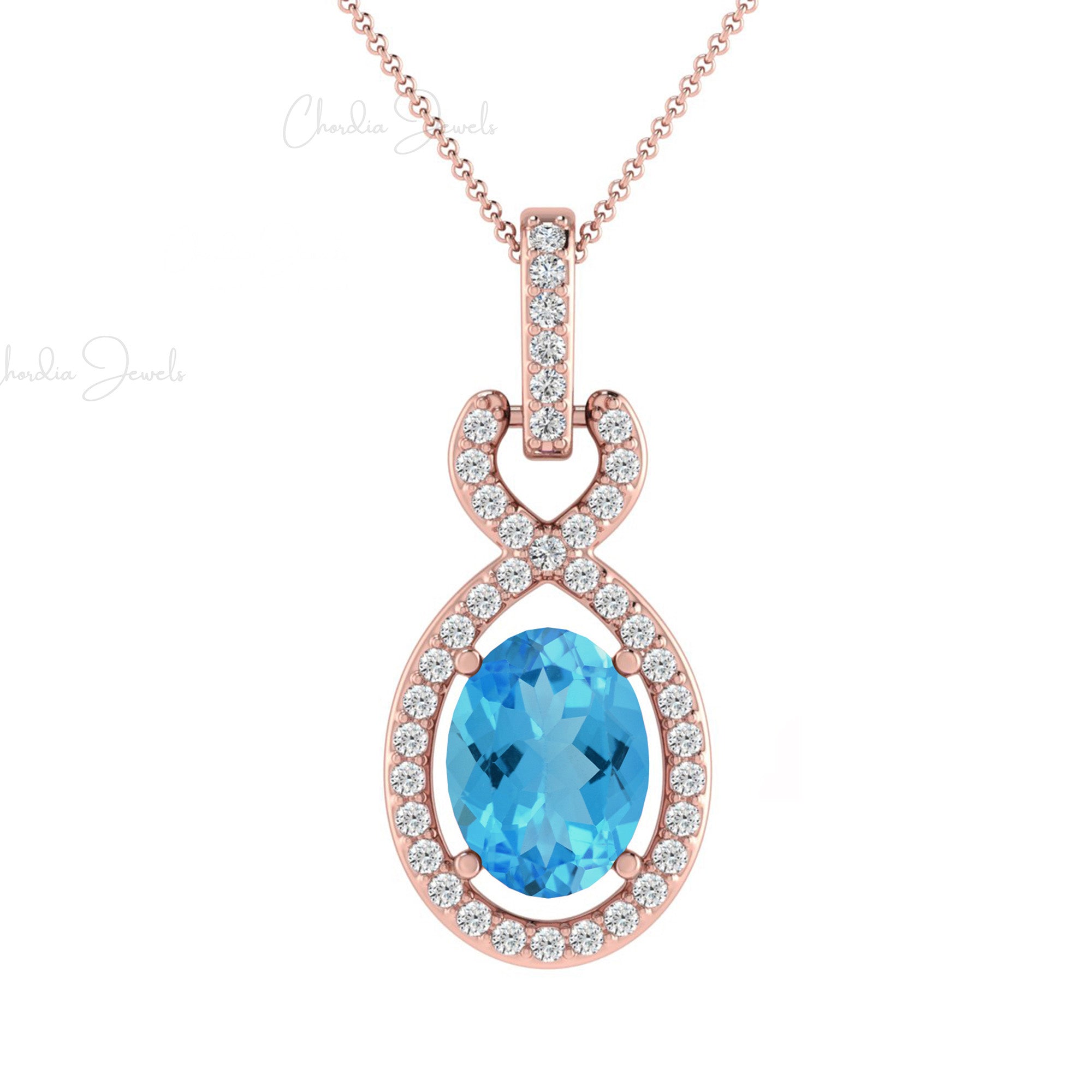 Halo Wedding Pendant With Bail In 14k Solid Gold Swiss Blue Topaz Diamond Necklace