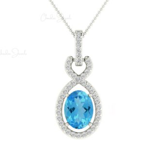 Halo Wedding Pendant With Bail In 14k Solid Gold Swiss Blue Topaz Diamond Necklace