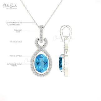 Halo Wedding Pendant With Bail In 14k Solid Gold Swiss Blue Topaz Diamond Necklace