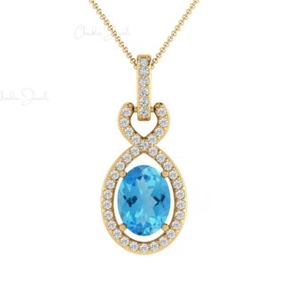 Halo Wedding Pendant With Bail In 14k Solid Gold Swiss Blue Topaz Diamond Necklace