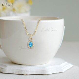 Halo Wedding Pendant With Bail In 14k Solid Gold Swiss Blue Topaz Diamond Necklace