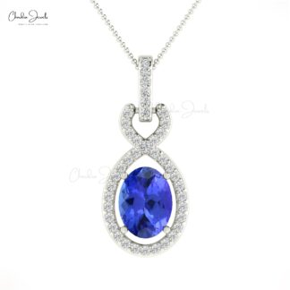 Oval Halo Diamond Pendant With 7x5mm Tanzanite Gemstone 14k Real Gold Women Necklaces