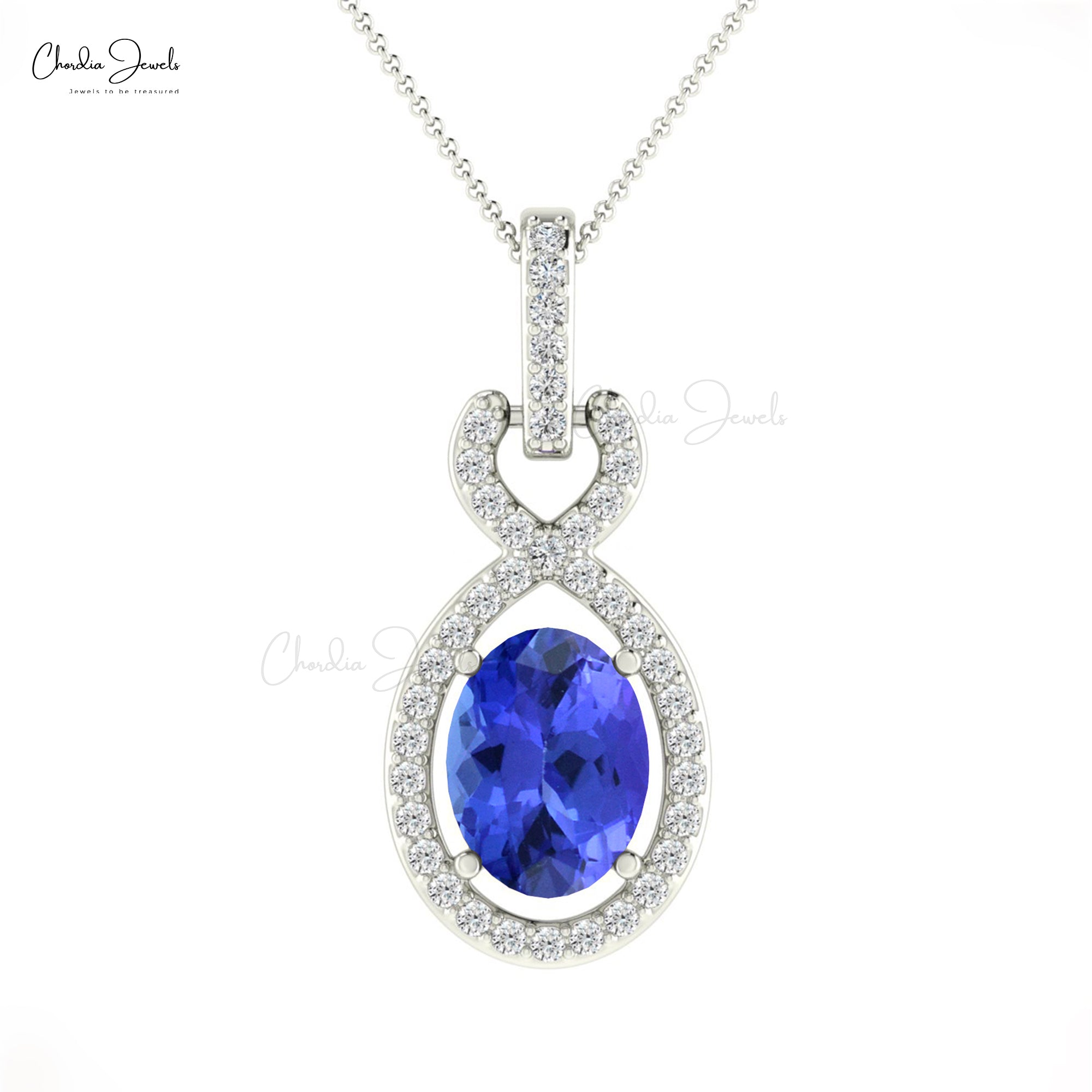 Oval Halo Diamond Pendant With 7x5mm Tanzanite Gemstone 14k Real Gold Women Necklaces