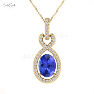 Oval Halo Diamond Pendant With 7x5mm Tanzanite Gemstone 14k Real Gold Women Necklaces