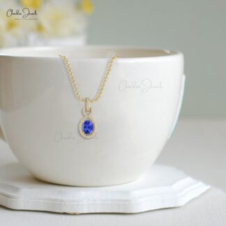 Oval Halo Diamond Pendant With 7x5mm Tanzanite Gemstone 14k Real Gold Women Necklaces