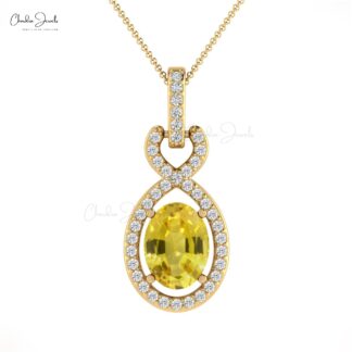 Halo Diamond Bail Pendant In 14k Real Gold Yellow Sapphire 0.71 Ct Oval Wedding Necklace