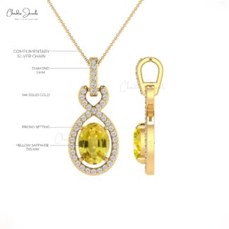 Halo Diamond Bail Pendant In 14k Real Gold Yellow Sapphire 0.71 Ct Oval Wedding Necklace