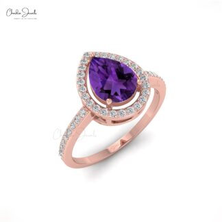 Halo Gemstone Ring In 14k Real Gold Amethyst And Pave Diamond Hallmark Rings For Her