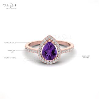 Halo Gemstone Ring In 14k Real Gold Amethyst And Pave Diamond Hallmark Rings For Her