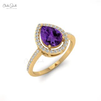 Halo Gemstone Ring In 14k Real Gold Amethyst And Pave Diamond Hallmark Rings For Her
