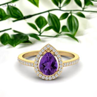 Halo Gemstone Ring In 14k Real Gold Amethyst And Pave Diamond Hallmark Rings For Her