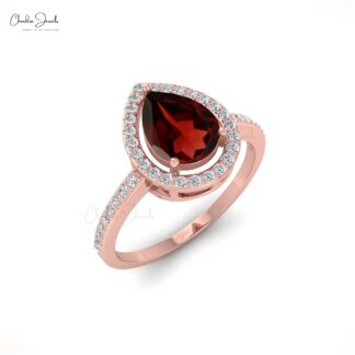 Natural Garnet Halo Ring in 14k Solid Gold Handmade Diamond Ring
