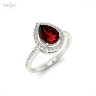 Natural Garnet Halo Ring in 14k Solid Gold Handmade Diamond Ring