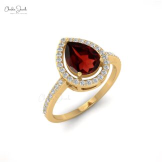 Natural Garnet Halo Ring in 14k Solid Gold Handmade Diamond Ring