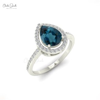 Natural London Blue Topaz Halo Ring In 14k Real Gold Diamond Statement Rings For Women