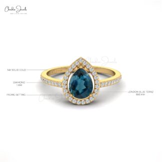 Natural London Blue Topaz Halo Ring In 14k Real Gold Diamond Statement Rings For Women