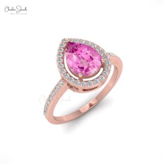 Gemstone Engagement Ring In 14k Solid Gold Pink Sapphire Halo Diamond Handmade Ring