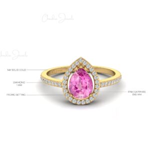 Gemstone Engagement Ring In 14k Solid Gold Pink Sapphire Halo Diamond Handmade Ring