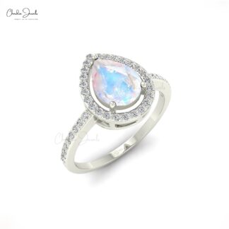 Genuine Pear Cut Rainbow Moonstone Halo Ring in 14K Solid Gold