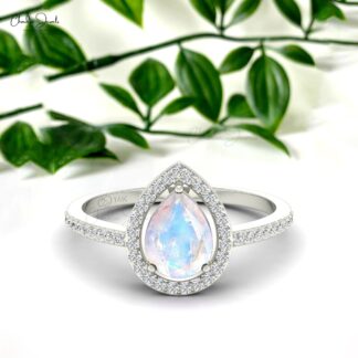 Genuine Pear Cut Rainbow Moonstone Halo Ring in 14K Solid Gold