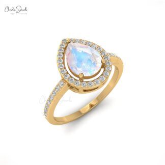 Genuine Pear Cut Rainbow Moonstone Halo Ring in 14K Solid Gold