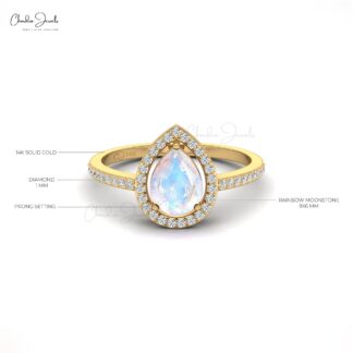 Genuine Pear Cut Rainbow Moonstone Halo Ring in 14K Solid Gold