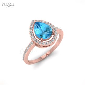 Pear Cut Halo Ring With 8x6mm Swiss Blue Topaz And Diamond 14k Real Gold Engagement Ring