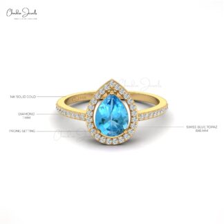 Pear Cut Halo Ring With 8x6mm Swiss Blue Topaz And Diamond 14k Real Gold Engagement Ring