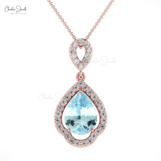 Pear Cut Art Deco Pendant In 14k Pure Gold Aquamarine Diamond Wedding Pendant For Her