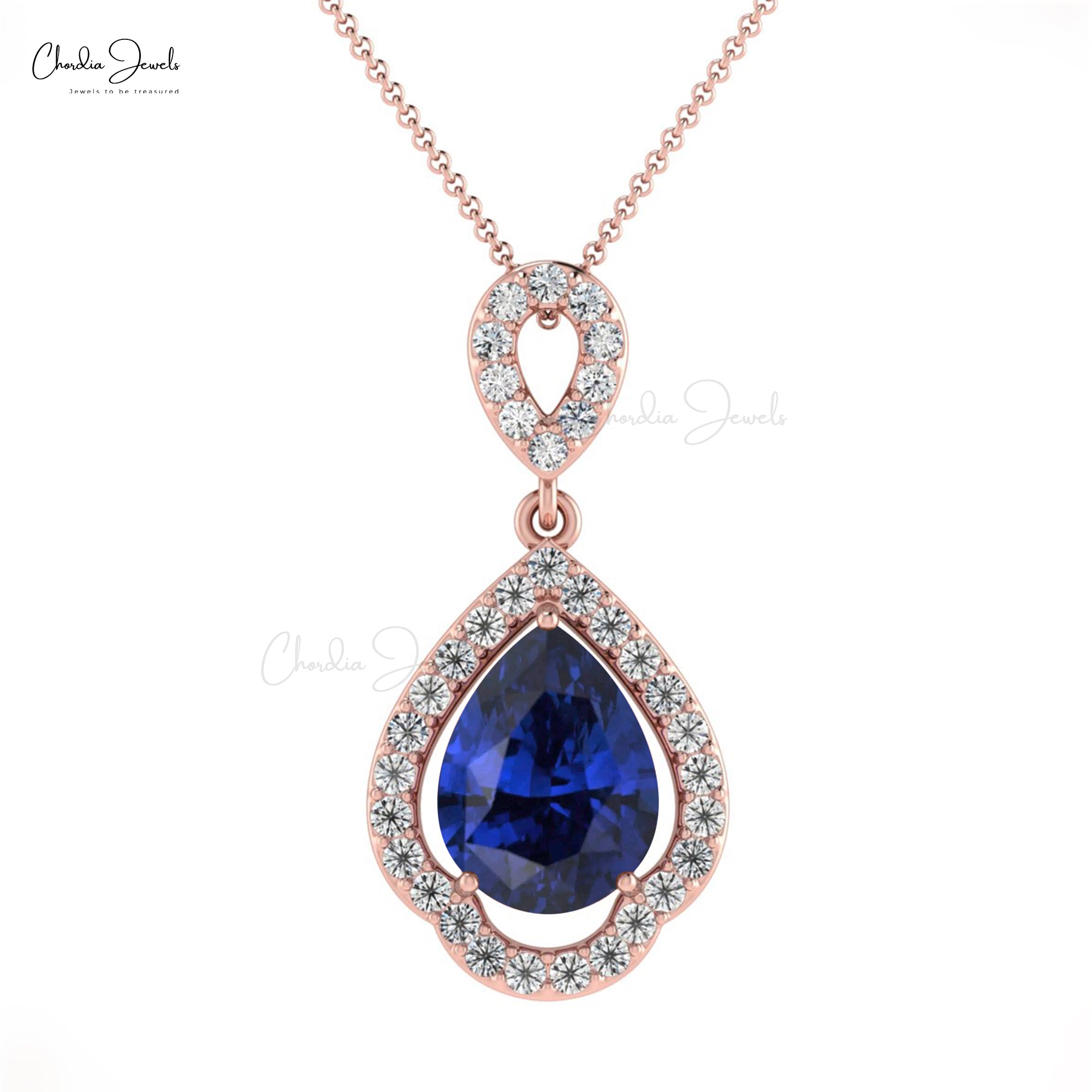 Halo Diamond Bridal Pendant With Pear Blue Sapphire Prong Set In 14k Gold Art Deco Pendant