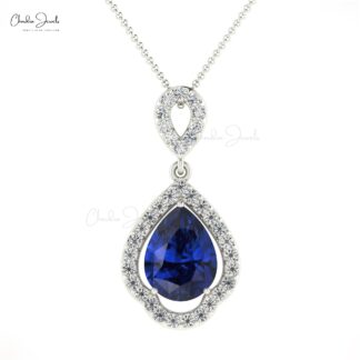 Halo Diamond Bridal Pendant With Pear Blue Sapphire Prong Set In 14k Gold Art Deco Pendant
