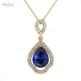 Halo Diamond Bridal Pendant With Pear Blue Sapphire Prong Set In 14k Gold Art Deco Pendant