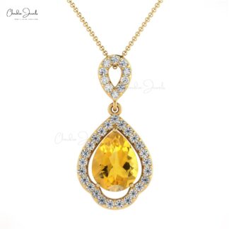 Genuine Citrine & Diamond Halo Pendant In 14k Real Gold
