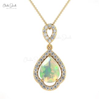Genuine Opal Dangle Pendant With Pave Diamond Accents In 14k Real Gold Art Deco Jewelry