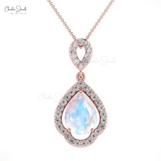 Pure 14k Gold Art Deco Pendant In 8x6mm Rainbow Moonstone And Diamond Unique Jewelry
