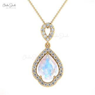 Pure 14k Gold Art Deco Pendant In 8x6mm Rainbow Moonstone And Diamond Unique Jewelry